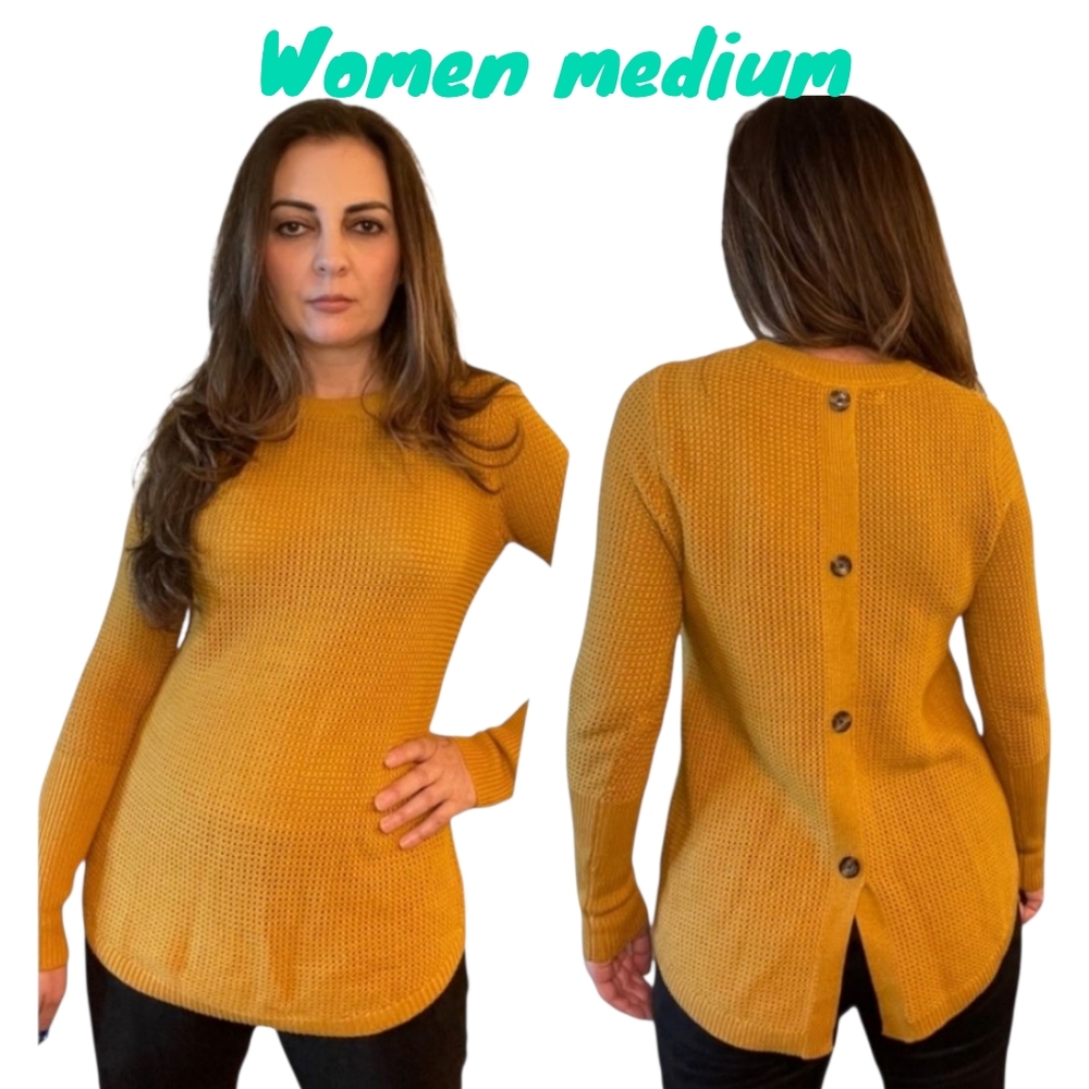 Max Studio Waffle Ribbed Knit Button Back Sweater Mustard Yellow Cozy Women Med